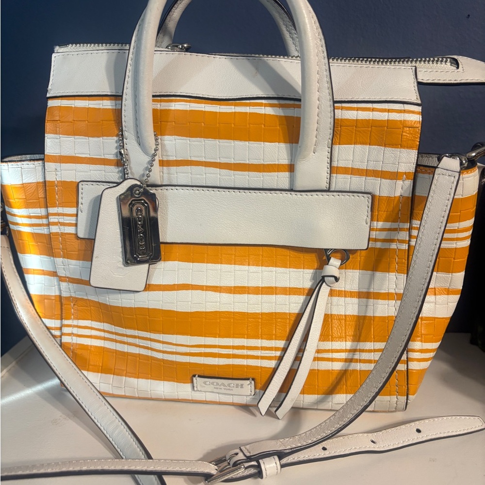 Coach Orange and White Striped Satchel